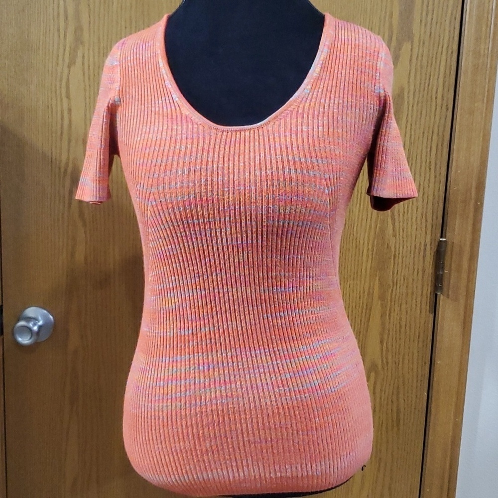 Moth orange multicolored ribbed knit scoop short sleeve sweater top